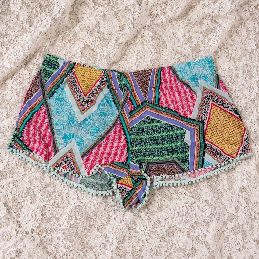 Y2K Geometric Patchwork Mini Shorts Boho Festival Hippie Beach Tropical 2000s